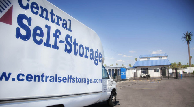 View of Central Self Storage moving truck by the storage facility