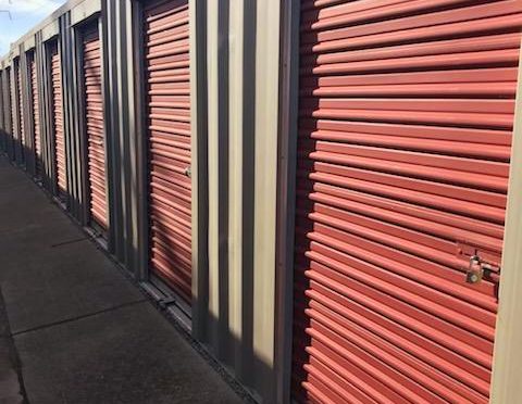 A row of drive-up access storage units at Central Self Storage in San Leandro, CA.