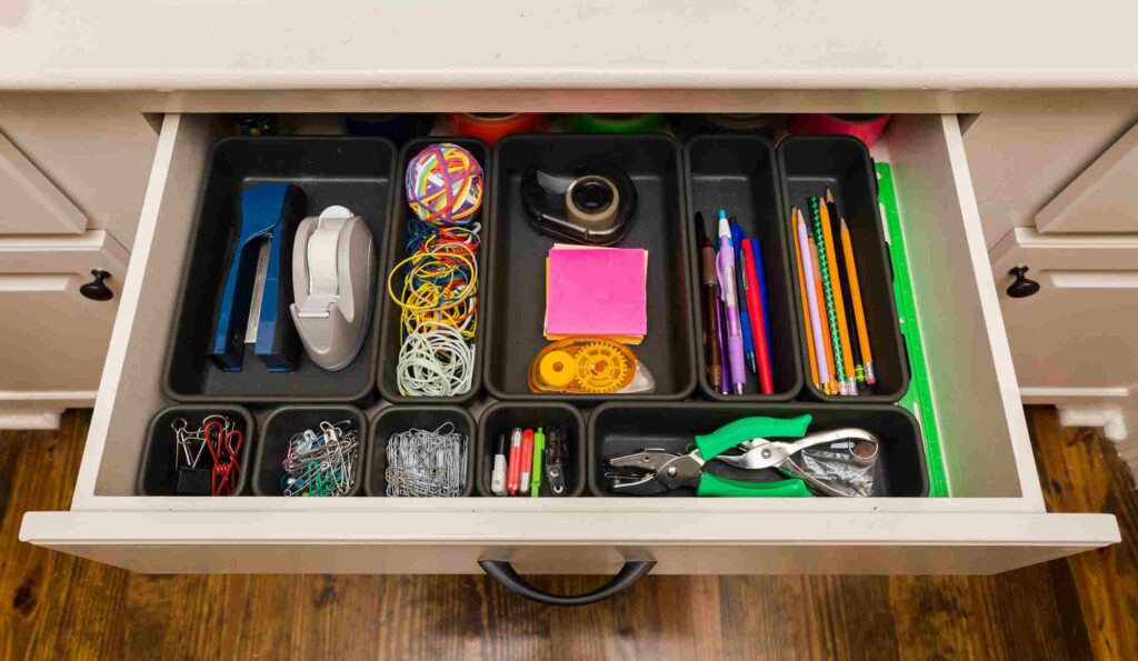 An organized desk featuring pencils, pens, tape, and more with dividers keeping the supplies separated. 