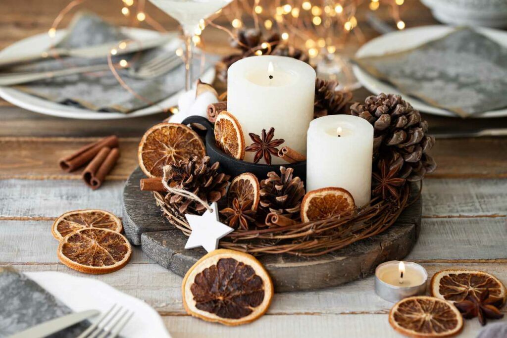 A rustic and festive living room accent piece on a wooden table.