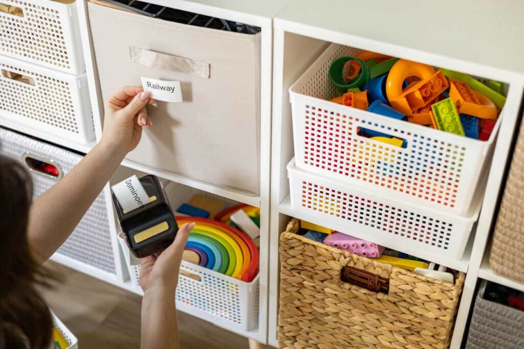 A woman labels boxes in a child’s room to stay organized.