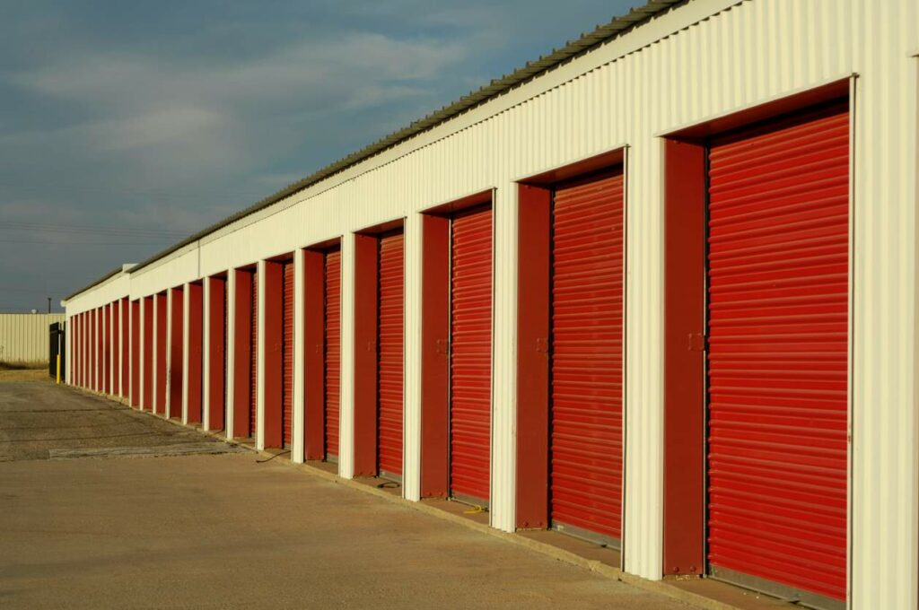 A row of climate-controlled storage units at a self storage facility.