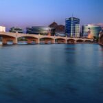 Tempe, Arizona, photographed from the Salt River during blue hour.
