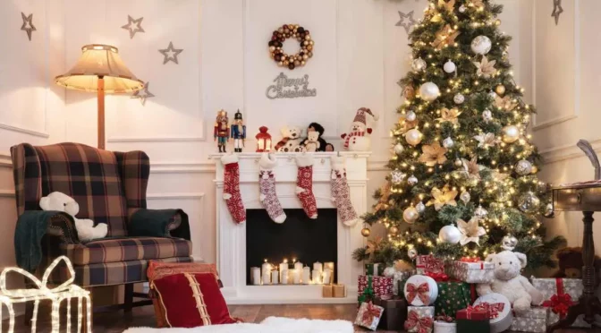 A living room filled from the floor to the walls with Christmas decorations.