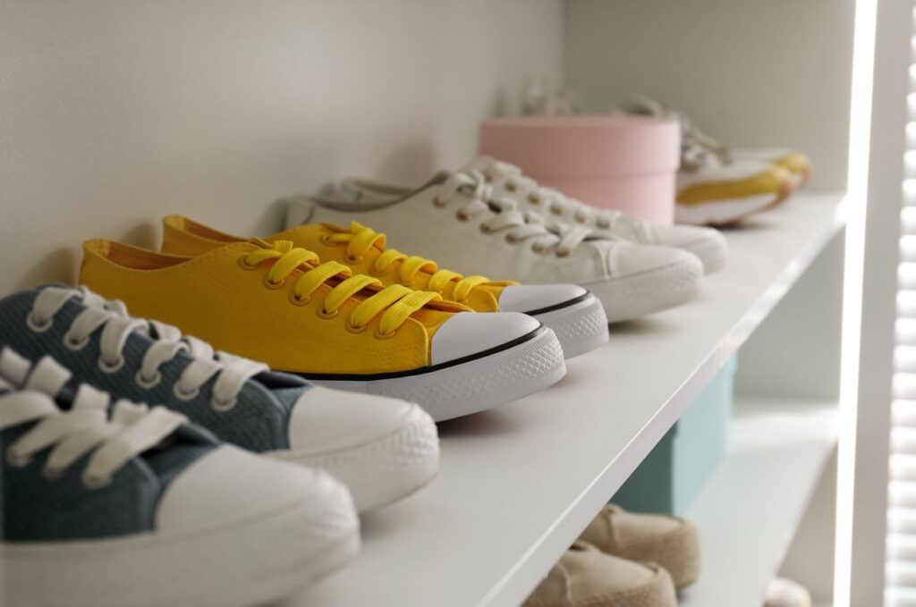 White shelving unit with collection of colorful sneakers indoors