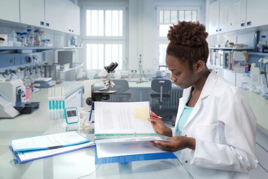 Medical researcher analyzing data in a lab